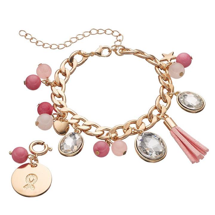 Loli Bijoux Breast Cancer Awareness Beaded Pink Ribbon Charm Bracelet, Women's, Multicolor