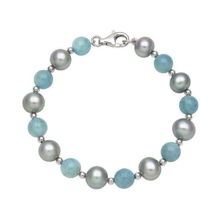 Sterling Silver Dyed Freshwater Cultured Pearl And Aquamarine Bead Bracelet, Women's, Size: 7.50, Blue