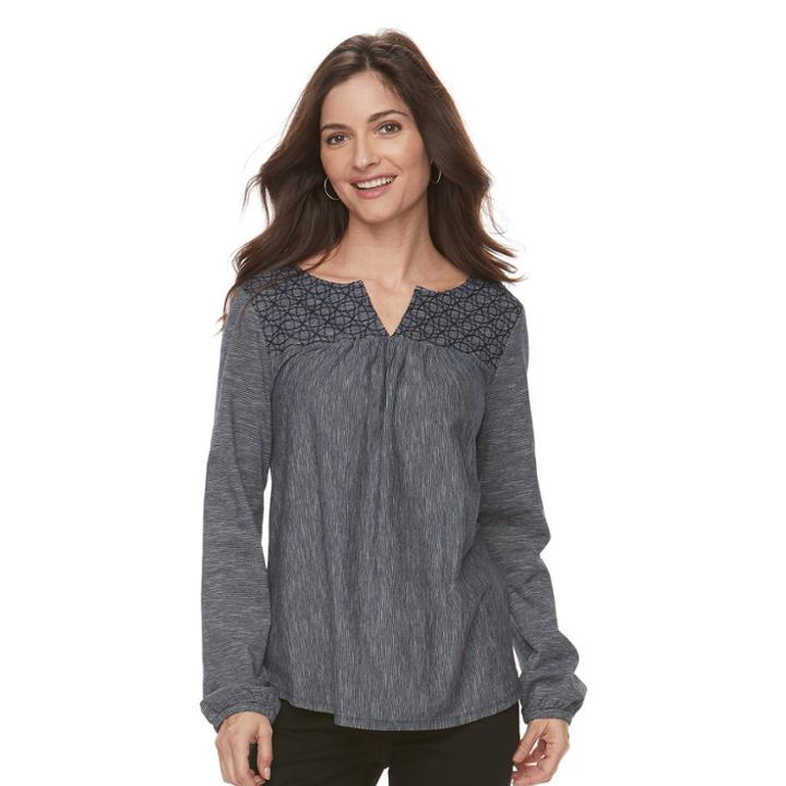 Women's Croft & Barrow&reg; Embroidered Yoke Top, Size: Xxl, Dark Blue