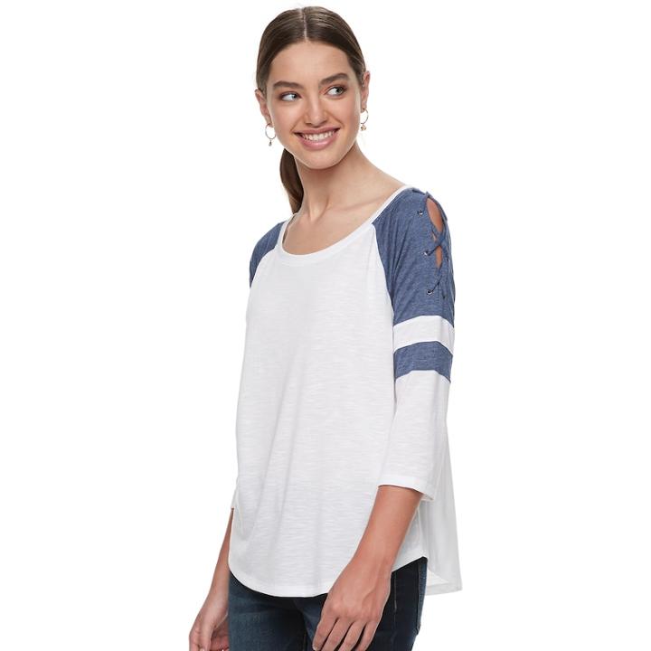 Juniors' So&reg; Lace-up Shoulder Baseball Tee, Teens, Size: Small, White