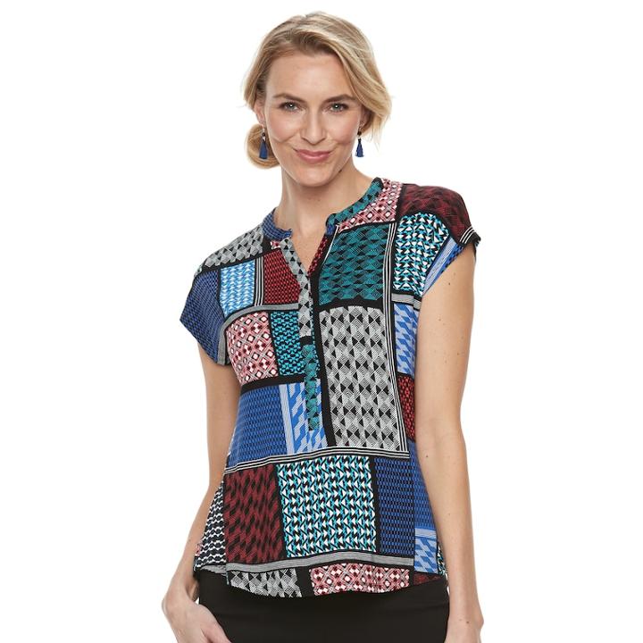 Women's Dana Buchman Print Splitneck Top, Size: Medium, Dark Red