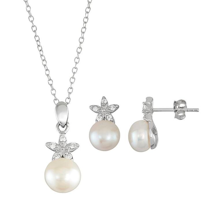 Sterling Silver Freshwater Cultured Pearl Flower Pendant & Stud Earring Set, Women's, Size: 18, White