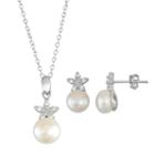 Sterling Silver Freshwater Cultured Pearl Flower Pendant & Stud Earring Set, Women's, Size: 18, White