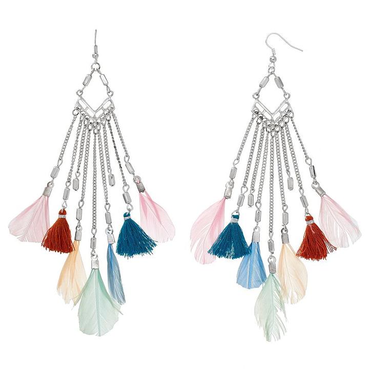 Mudd&reg; Feather & Tassel Nickel Free Chandelier Earrings, Women's, Multicolor