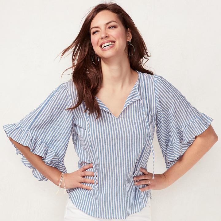Women's Lc Lauren Conrad Print Flounce Sleeve Top, Size: Small, White