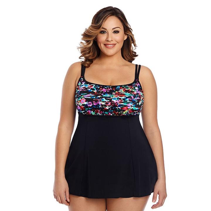 Plus Size Great Lengths Hip Minimizer Floral Pleated Swimdress, Women's, Size: 24, Ovrfl Oth