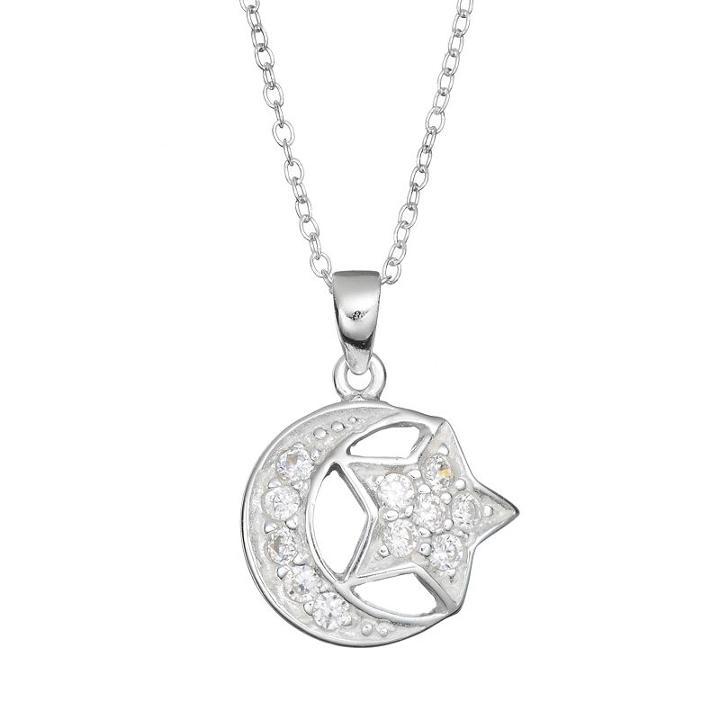 Cubic Zirconia Sterling Silver Moon & Star Pendant Necklace, Women's, Grey