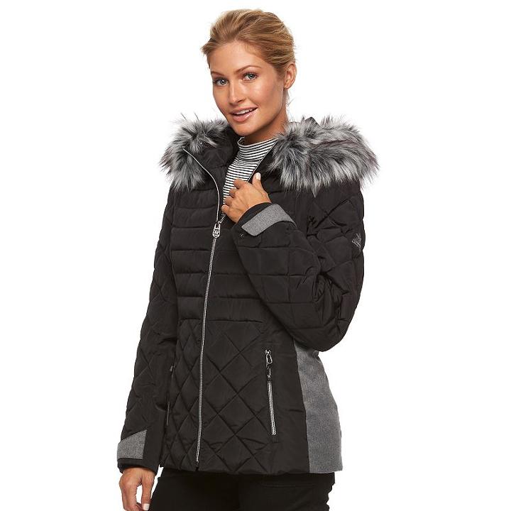 Women's Zeroxposur Sabrina Hooded Mixed-media Puffer Jacket, Size: Medium, Black