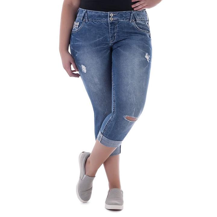 Juniors' Plus Size Amethyst Ripped Embellished Denim Capris, Girl's, Size: 16 W, Dark Blue