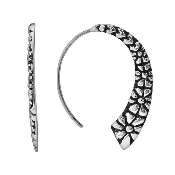 Sterling Silver Floral Hoop Earrings, Women's, Grey