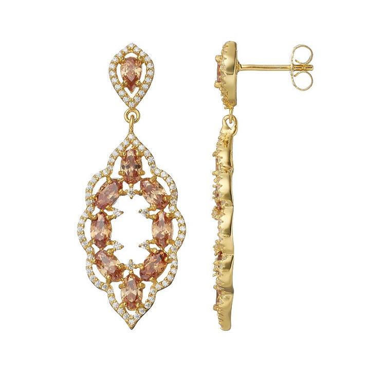 14k Gold Over Silver Cubic Zirconia Scalloped Drop Earrings, Women's, Brown