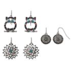 Mudd&reg; Owl, Flower & Pinwheel Drop Earring Set, Women's, Silver