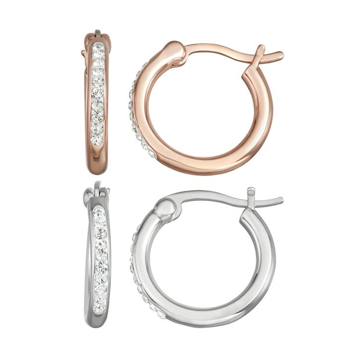 Chrystina Crystal Silver & Rose-gold Tone Hoop Earring Set, Women's, White