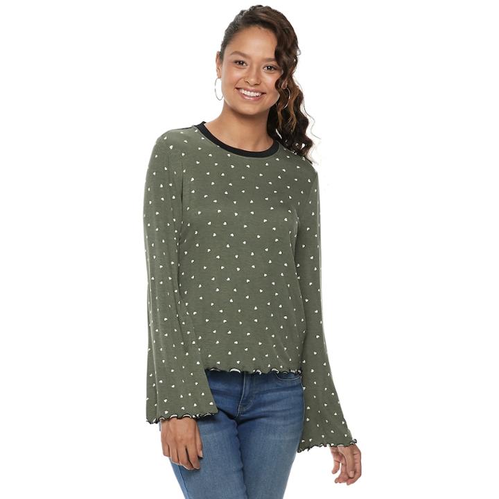 Juniors' Love, Fire Bell Sleeve Ringer Top, Teens, Size: Medium, Thyme Heart Print