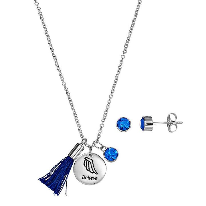 Silver Plated Believe Tassel Charm Pendant & Crystal Stud Earring Set, Women's, Size: 18, Blue