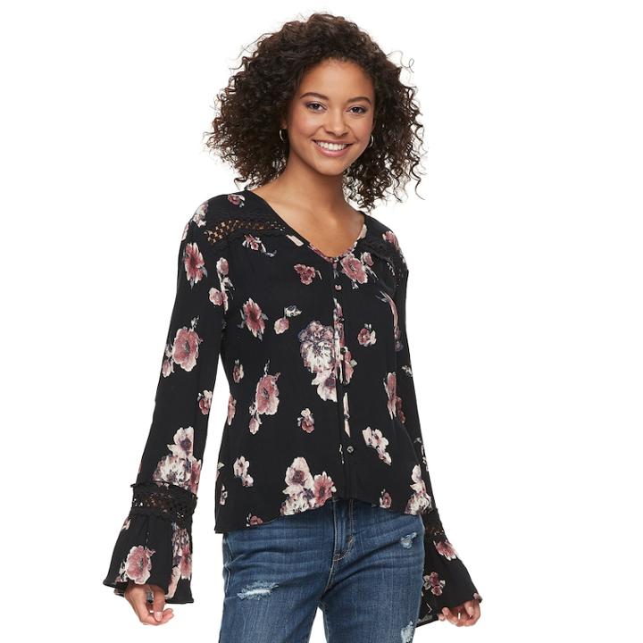 Juniors' American Rag Floral Bell Sleeve Blouse, Size: Medium, Black