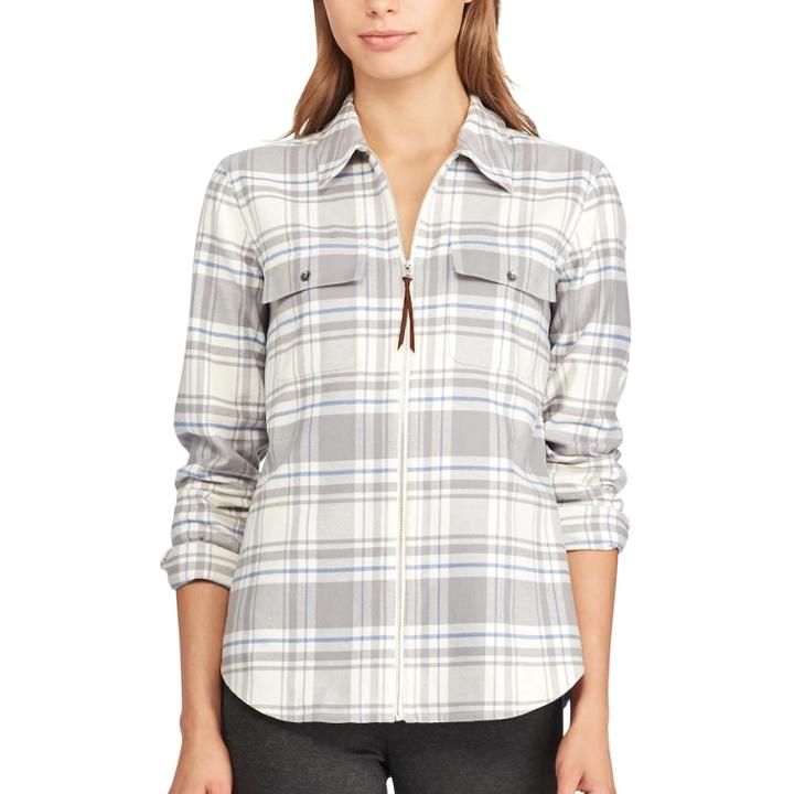Petite Chaps Plaid Full-zip Shirt, Women's, Size: Xl Petite, Grey