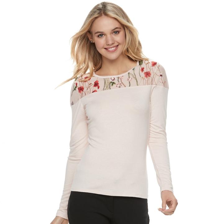Juniors' Candie's&reg; Embroidered Mesh Yoke Top, Teens, Size: Medium, Brt Pink