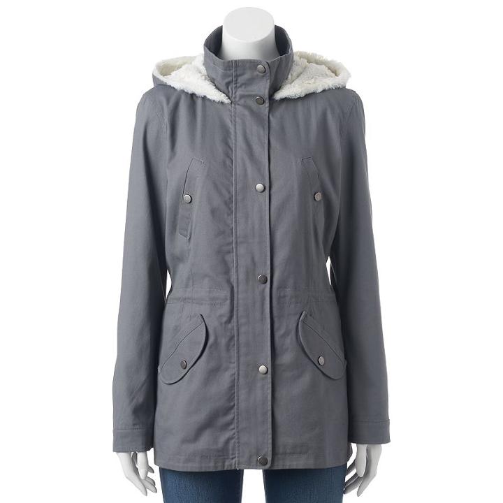 Juniors' Pink Envelope Faux-fur Hooded Anorak Jacket, Girl's, Size: Small, Med Grey