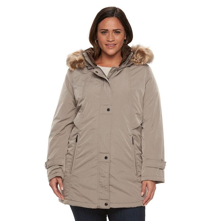 Plus Size Gallery Hooded Stadium Jacket, Women's, Size: 2xl, Beig/green (beig/khaki)