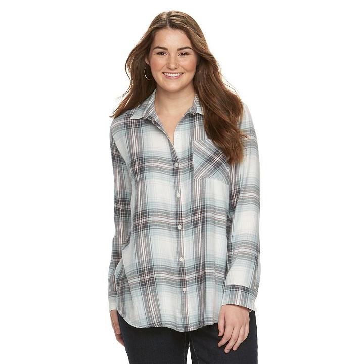 Juniors' Plus Size Mudd&reg; Pocket Plaid Flannel Shirt, Girl's, Size: 3xl, Silver