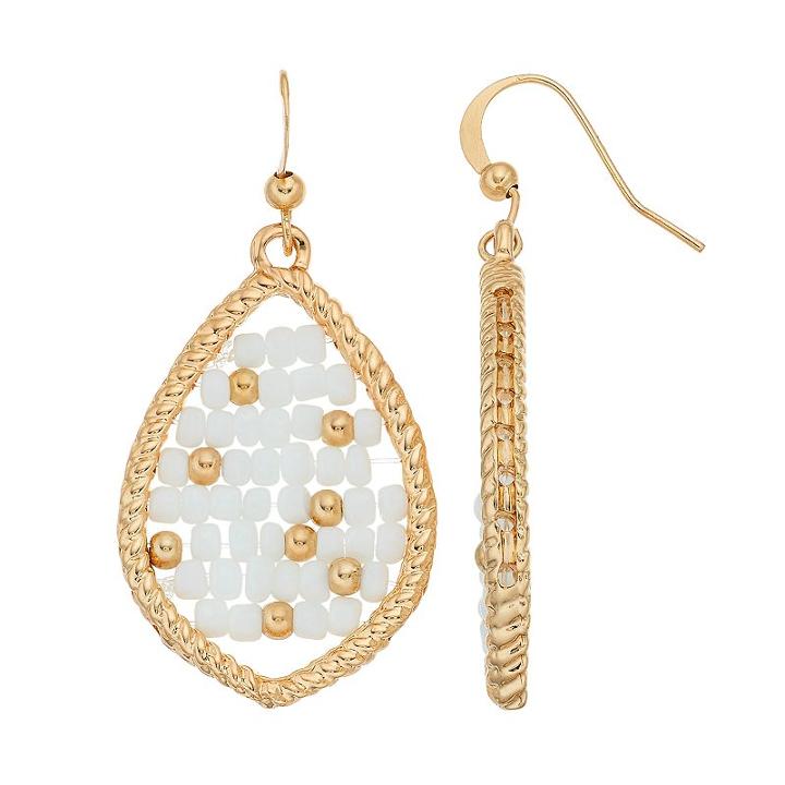 White Seed Bead Woven Nickel Free Marquise Drop Earrings, Women's