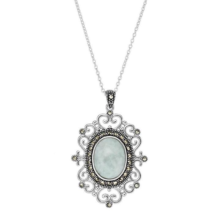 Silver Plated Jade & Marcasite Oval Filigree Pendant Necklace, Women's, Green