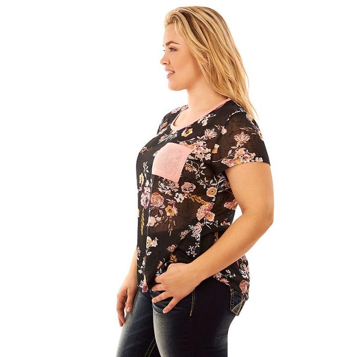Juniors' Plus Size Wallflower Print Contrast Pocket Tee, Teens, Size: 3xl, Med Grey