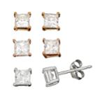 Cubic Zirconia 24k Gold Over Silver, 18k Rose Gold Over Silver & Sterling Silver Square Stud Earring Set, Women's, White