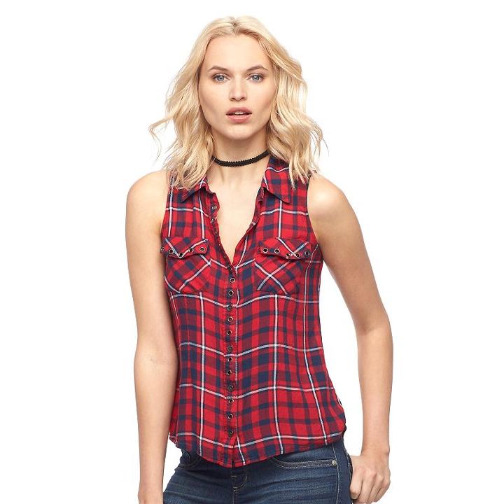 Women's Rock & Republic&reg; Plaid Sleeveless Shirt, Size: Xl, Med Red