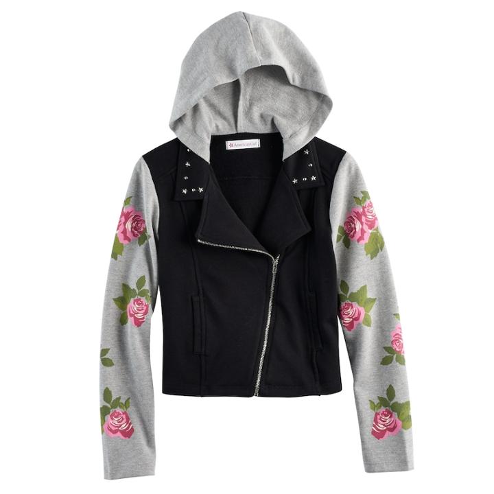 Girls 7-16 American Girl Rose French Terry Moto Jacket, Size: Medium, Black