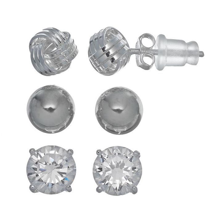 Pure 925 Cubic Zirconia Sterling Silver Love Knot & Ball Stud Earring Set, Women's