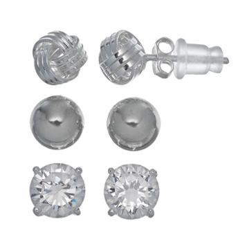 Pure 925 Cubic Zirconia Sterling Silver Love Knot & Ball Stud Earring Set, Women's