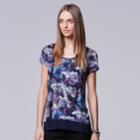 Petite Simply Vera Vera Wang Printed Chiffon-trim Tee, Women's, Size: Xs Petite, Blue (navy)