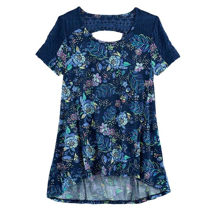 Girls 7-16 & Plus Size Mudd&reg; Lace-pieced Keyhole Swing Tee, Size: 16 1/2, Med Blue