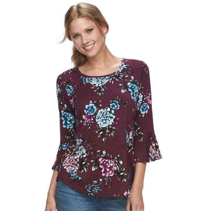 Women's Apt. 9&reg; Printed Bell Sleeve Top, Size: Xxl, Dark Red