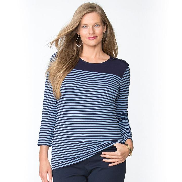 Plus Size Chaps Striped Button-shoulder Tee, Women's, Size: 1xl, Blue (navy)