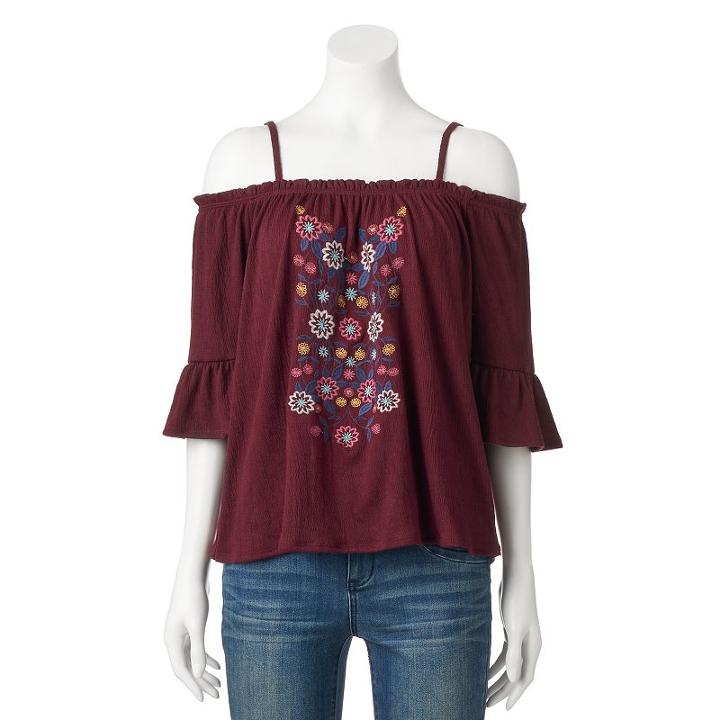 Juniors' Live To Be Spoiled Floral Off The Shoulder Top, Girl's, Size: Medium, Dark Red