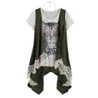Girls 7-16 Self Esteem Lace Trim Vest & Graphic Tee Set With Necklace, Size: Large, Med Brown