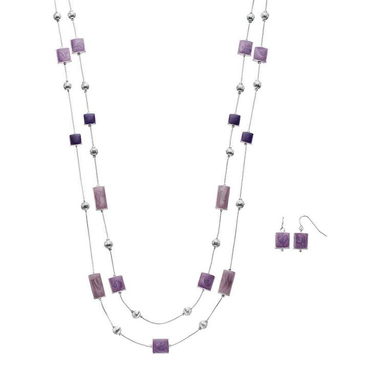 Purple Double Strand Station Necklace & Drop Earring Set, Women's