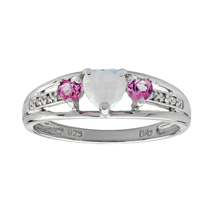 Sterling Silver Lab-created Opal, Lab-created Pink Sapphire And Diamond Accent Heart 3-stone Ring, Women's, Size: 8