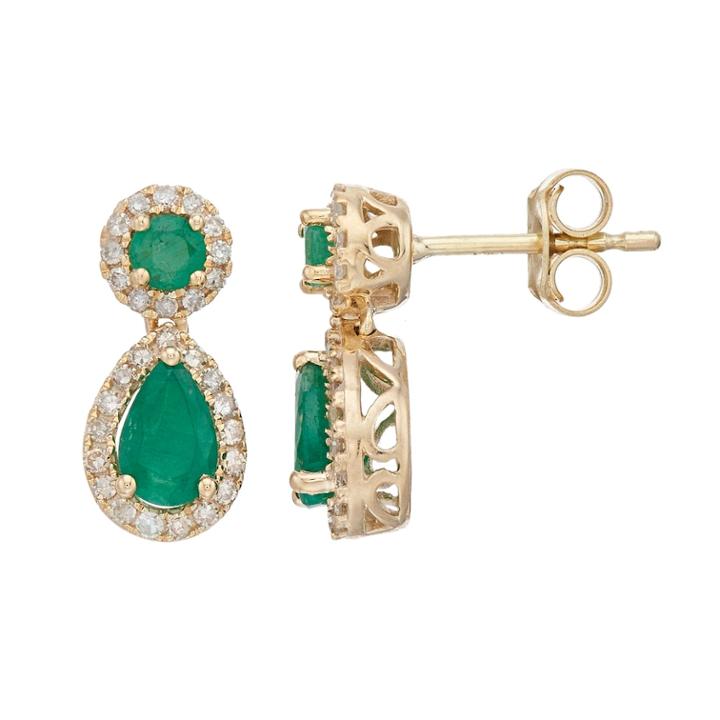 10k Gold Emerald & 1/4 Carat T.w. Diamond Teardrop Earrings, Women's, Green
