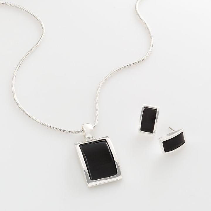 Silver Tone Square Pendant And Drop Earring Set, Women's, Blue