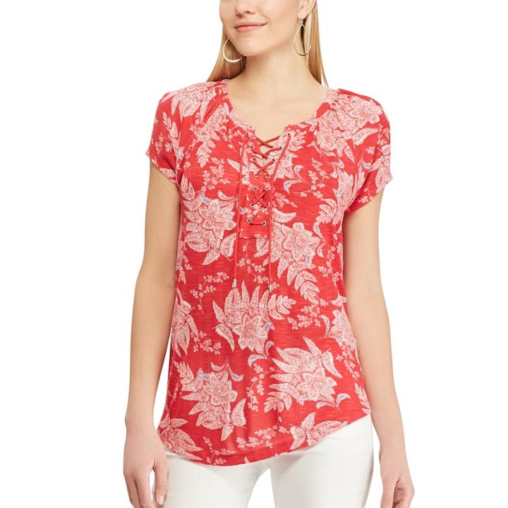 Women's Chaps Print Lace-up Top, Size: Xl, Red