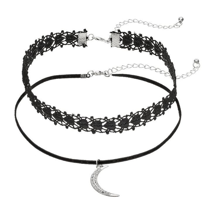 Crescent Pendant & Lace Choker Necklace Set, Women's, Black
