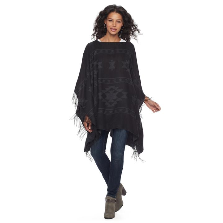 Chaps Fringed Southwest Poncho, Women's, Black