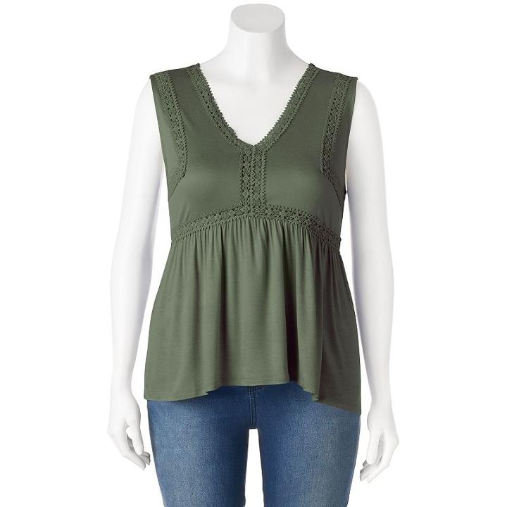 Juniors' Plus Size Mudd&reg; Crochet Inset V-neck Tank, Girl's, Size: 1xl, Med Green