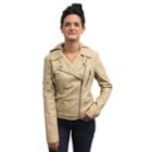 Women's Coffee Shop Hooded Faux-leather Motorcycle Jacket, Size: Small, Beig/green (beig/khaki)