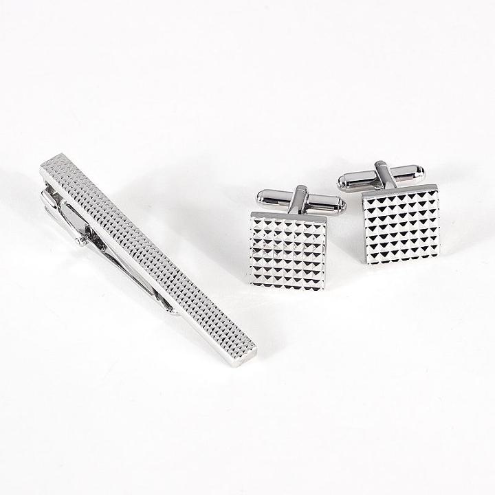 Rhodium-plated Checkered Cuff Links And Tie Bar Set, Men's, Grey
