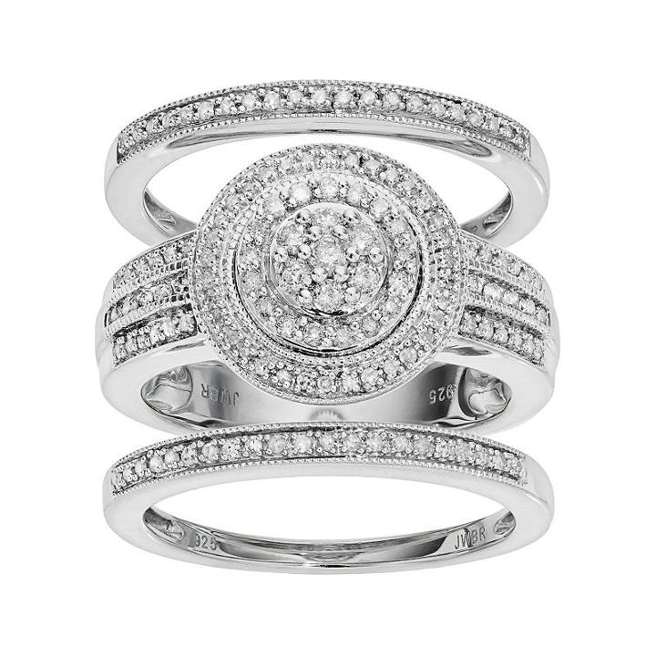 Sterling Silver 1/2 Carat T.w. Diamond 3 Piece Engagement Ring Set, Women's, Size: 7, White